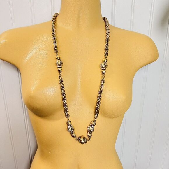 1928 Chunky Interlocking Chain Victorian Filigree Beads Gold Tone Necklace 1422 - Picture 8 of 11